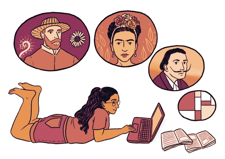 Arts Award - Illustration of a young woman looking at a laptop, with famous artists in bubbles above her head.