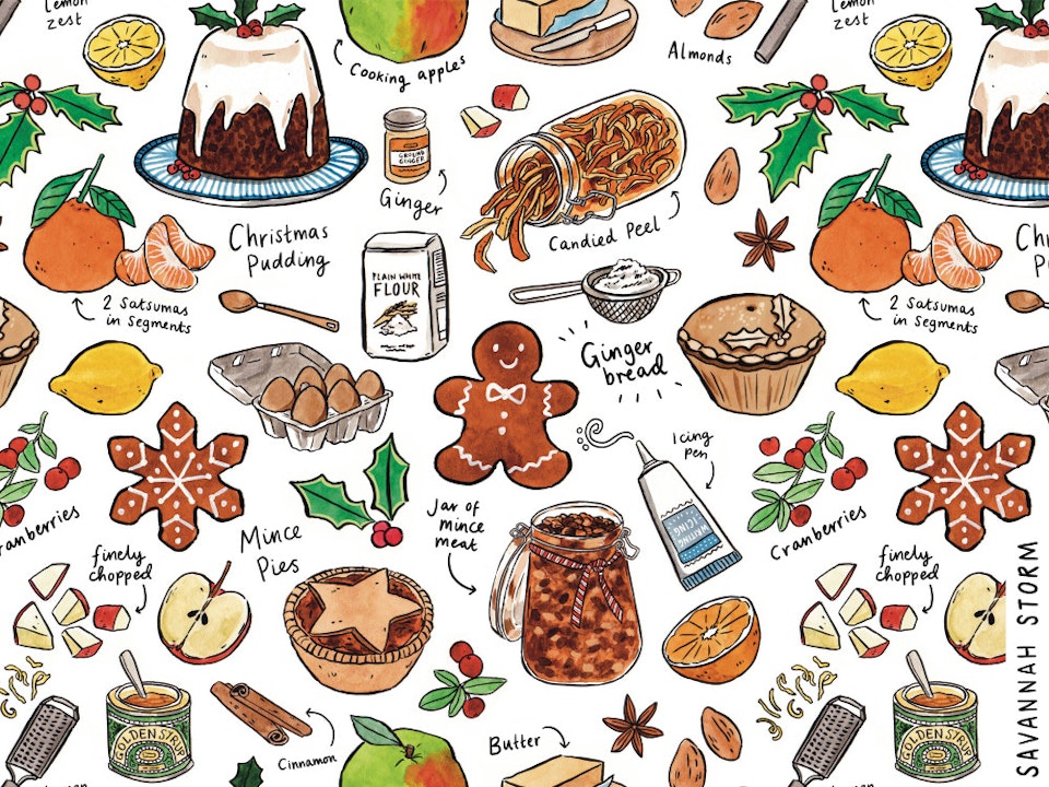 Festive Baking - Illustrated festive baking themed repeat pattern print design, including mince pies, Christmas pudding and gingerbread.