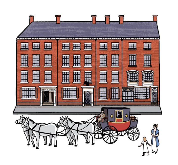 Jane Ewbank York Trail - Illustration of the Black Swan Inn in York, with a horse-drawn carriage outside.
