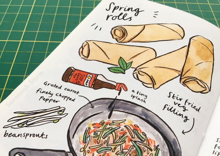 Veggie Recipes Zine - An illustrated page from my Veggie Recipes zine, showing how to make vegan spring rolls.