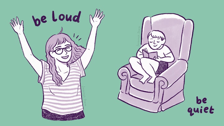 A Space to Be - Illustrations of people engaging with the project space at A Space to Be, showing activities and things to do there. Be loud, have fun and make some noise, or be quiet, curl up in a chair and read a book.