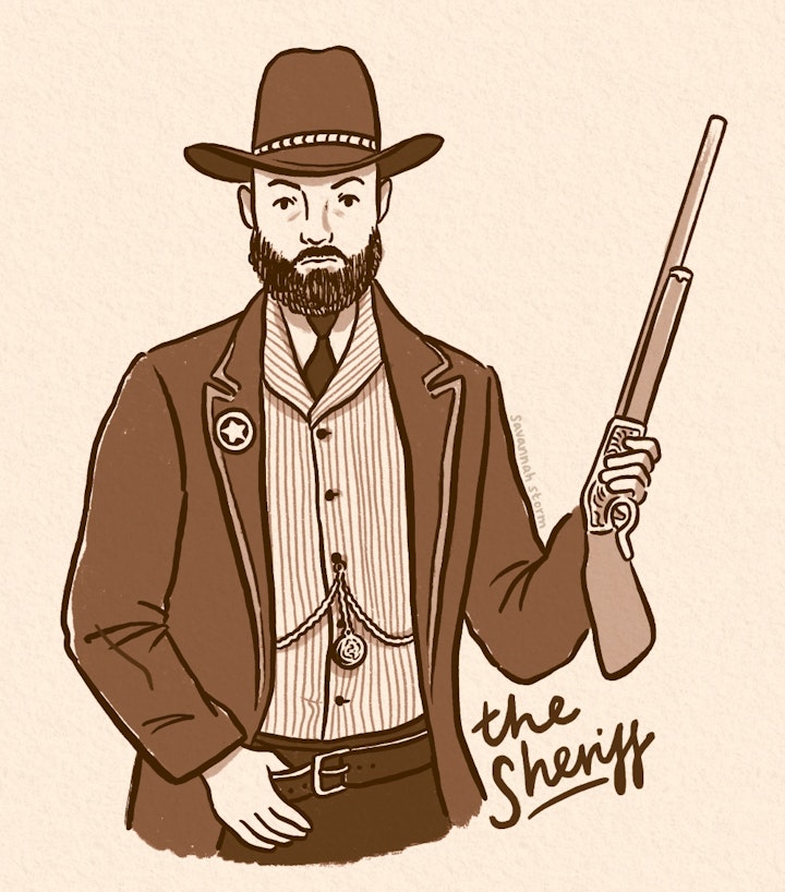 Sheriff Character Illustration - Illustrated historical character design of a Sheriff, wearing a pinstriped waistcoat, a brown jacket with sheriff star shaped badge, a ten-gallon hat and holding an old musket.