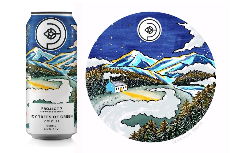 Stewart Brewing - Packaging design for a craft beer can, a handpainted illustration of a Scottish winter scene inspired by the Isle of Skye. Mountains, snow topped forests and frosty clouds, with a tiny cottage in the centre.