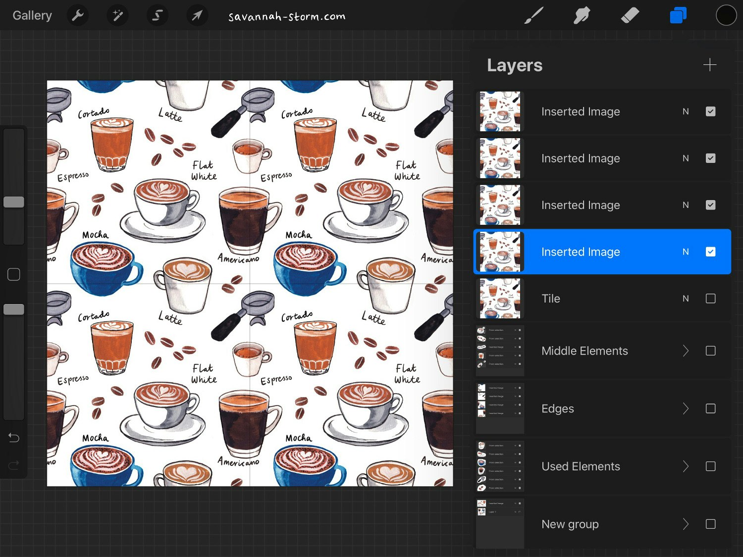 Screenshot of Procreate on the iPad, showing the process of creating an illustrated repeat pattern.