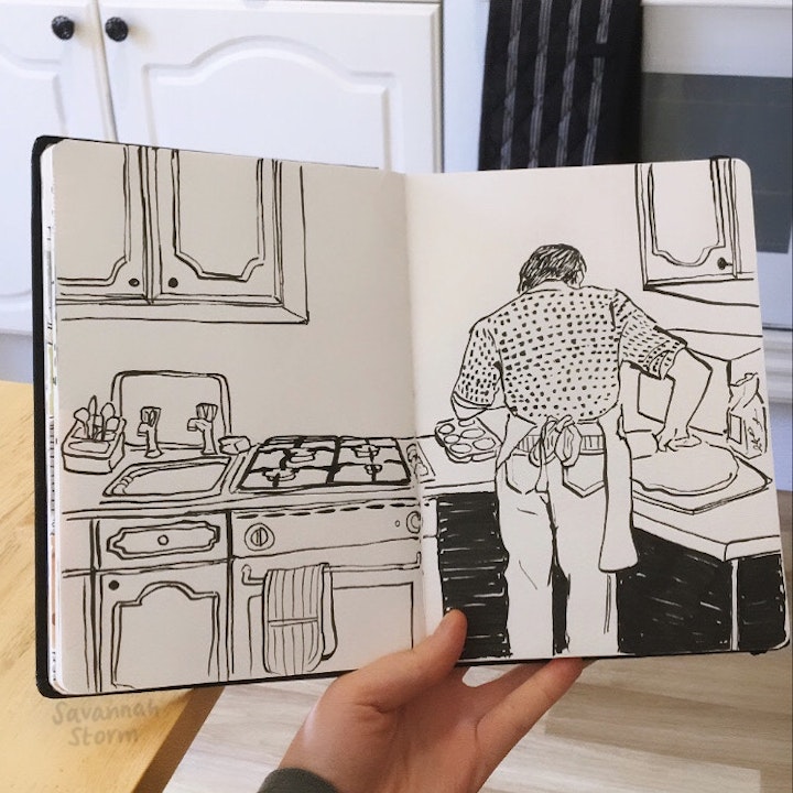 Sketchbooks - A sketchbook page of someone baking in a kitchen, illustrated using ink pen.