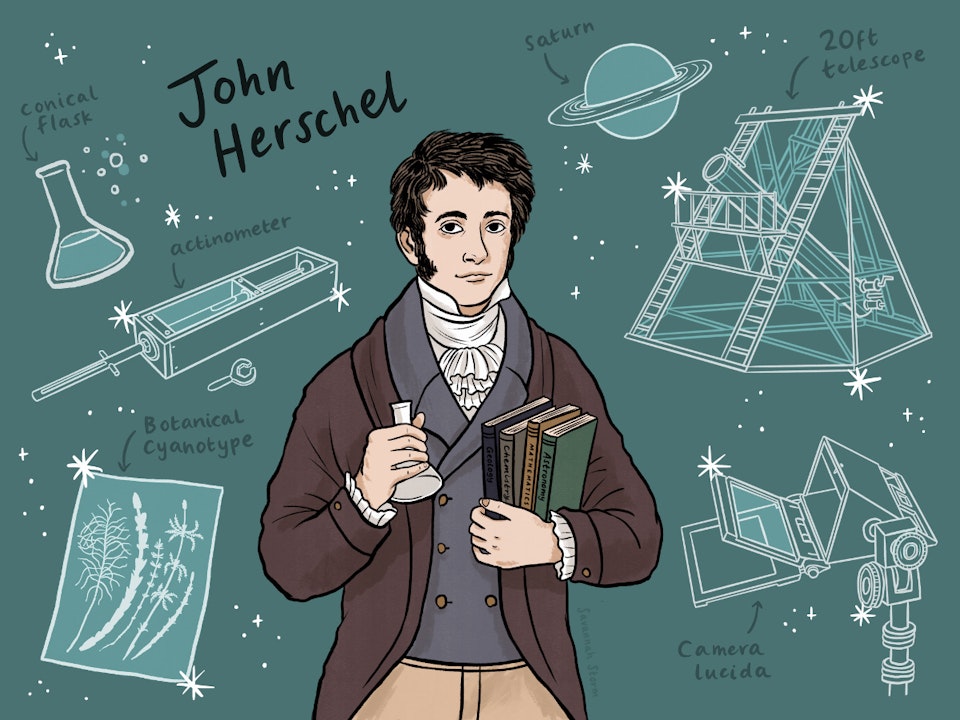 Herschel Museum of Astronomy - Historical character illustration of John Herschel,  a mathematician, astronomer, chemist, and inventor of cyanotypes/blueprints.
