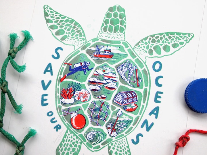 Save Our Oceans - Illustrations of a turtle with comic panels in it's shell scales showing coral, a buoy, a fishing boat, a diver and some icebergs on the sea.