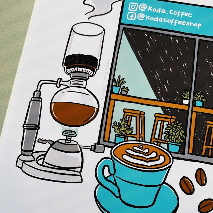 Koda Coffee Shopfront - Koda speciality coffee shop exterior illustration, including a siphon coffee brewing equipment and a latte in a blue cup.