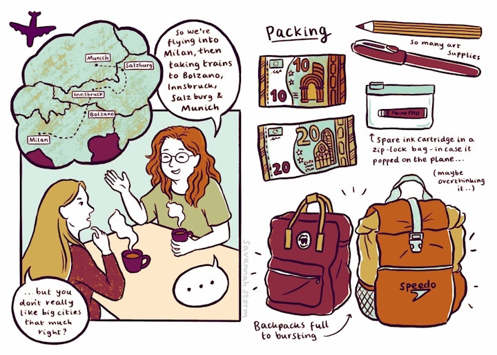 Travel Journal - A page from an illustrated travel journal, showing two people discussing travel plans, a map of an interrailing route, and packing for the holiday.