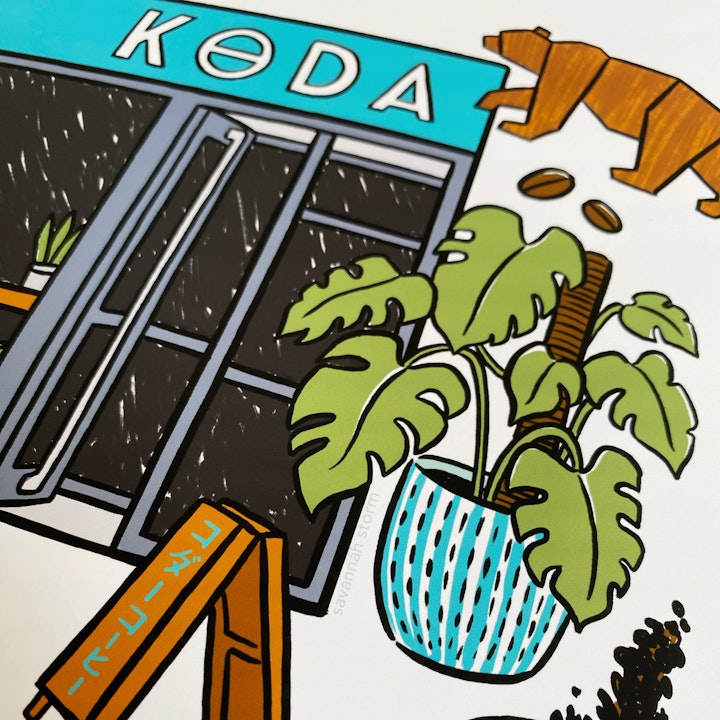 Koda Coffee Shopfront - Koda speciality coffee store exterior illustration, including coffee brewing equipment, beans, and plants.