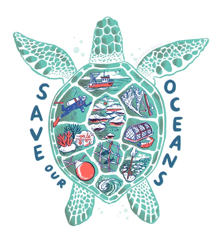 Save Our Oceans - Illustration of a blue turtle, with the scales on it's shell used as comic panels to tell tiny stories of the ocean: the tides, the flora and fauna and the human-made pollution.