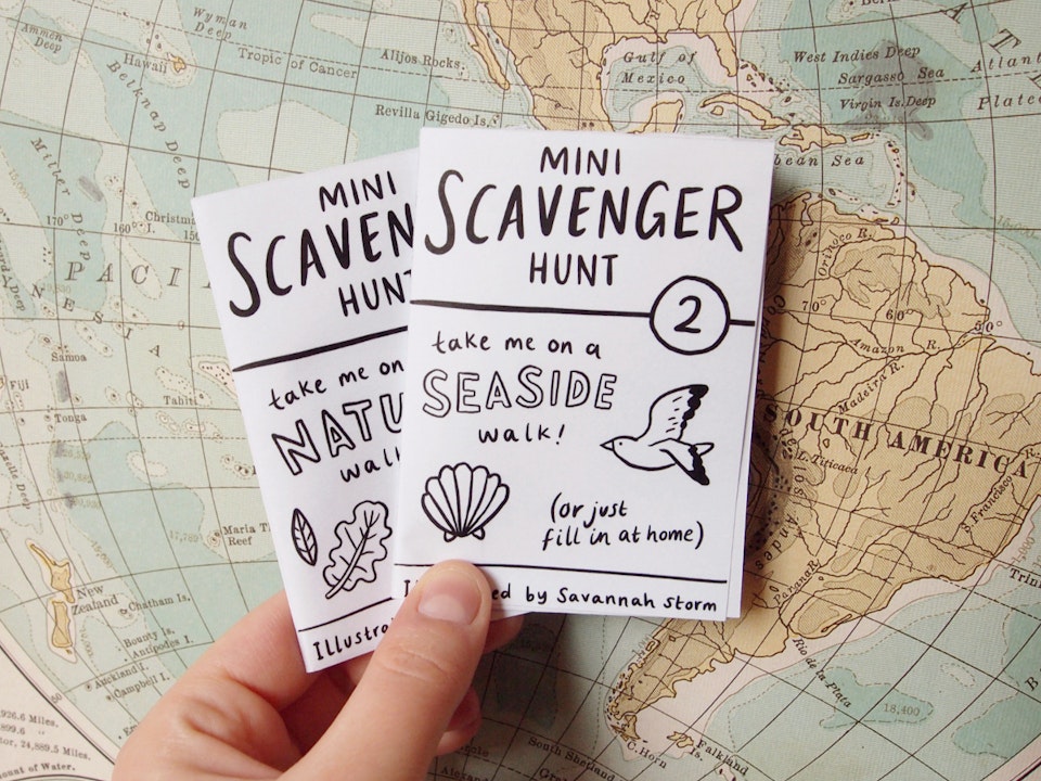 Mini Scavenger Hunt - Cover pages of two illustrated scavenger hunt booklets, to take on a nature or seaside walk.