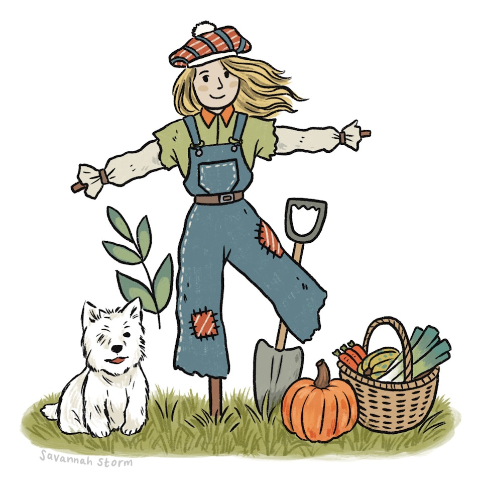 Tattie Bogles - Illustration of a scarecrow character with a small white dog and a basket of vegetables.