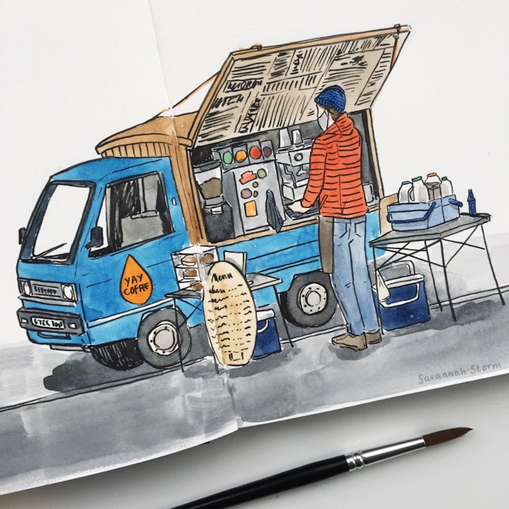 Sketchbooks - A sketchbook page of a cute mini coffee van, with it's owner serving drinks, illustrated using ink and watercolour paints.