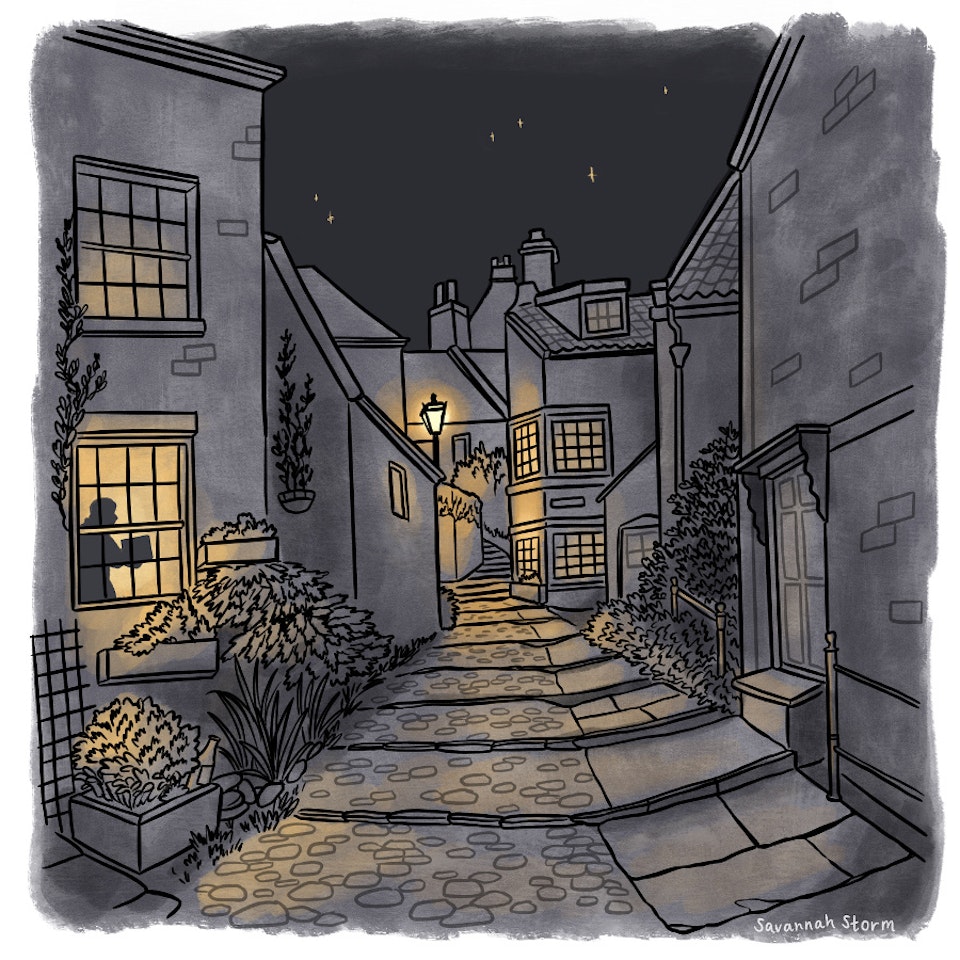 Yorkshire Folktales - Digital illustration of cobbled streets and old houses, lit up at night by old lamps. Inspired by stories of smugglers at Robin Hoods Bay, North Yorkshire.