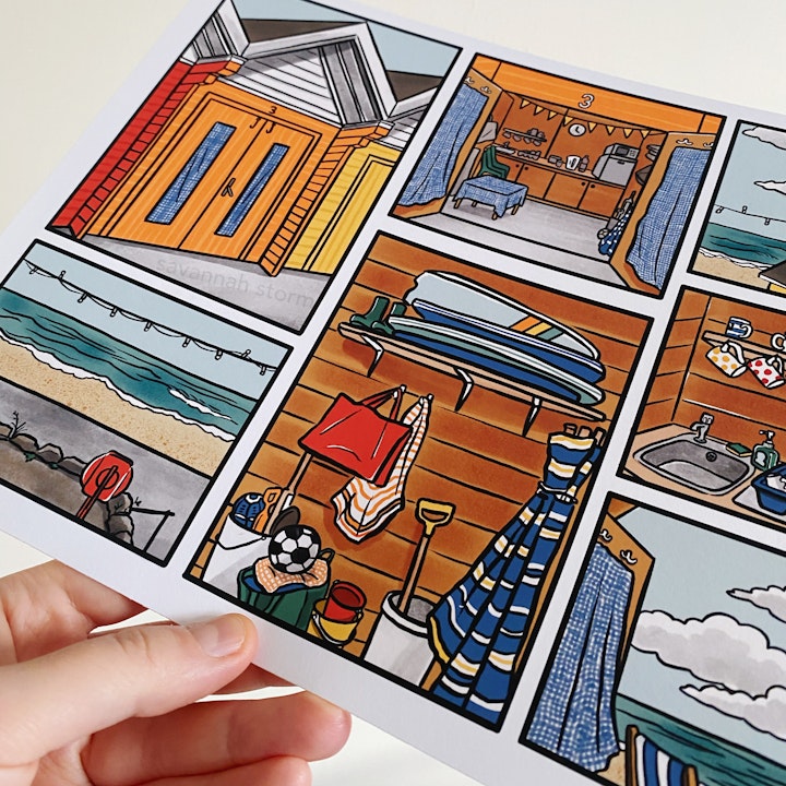 Beach Chalet Comic - Mini comic celebrating memories of a seaside beach chalet, including views of the sea and sky, and the wooden interior, filled with deckchairs, windbreaks, bodyboards, buckets and spades and other beach toys.