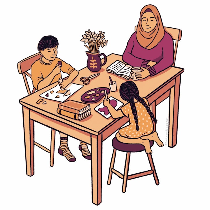 Arts Award - Illustration of a family sitting around a table, with a parent reading a book and two children doing arts and crafts activities.