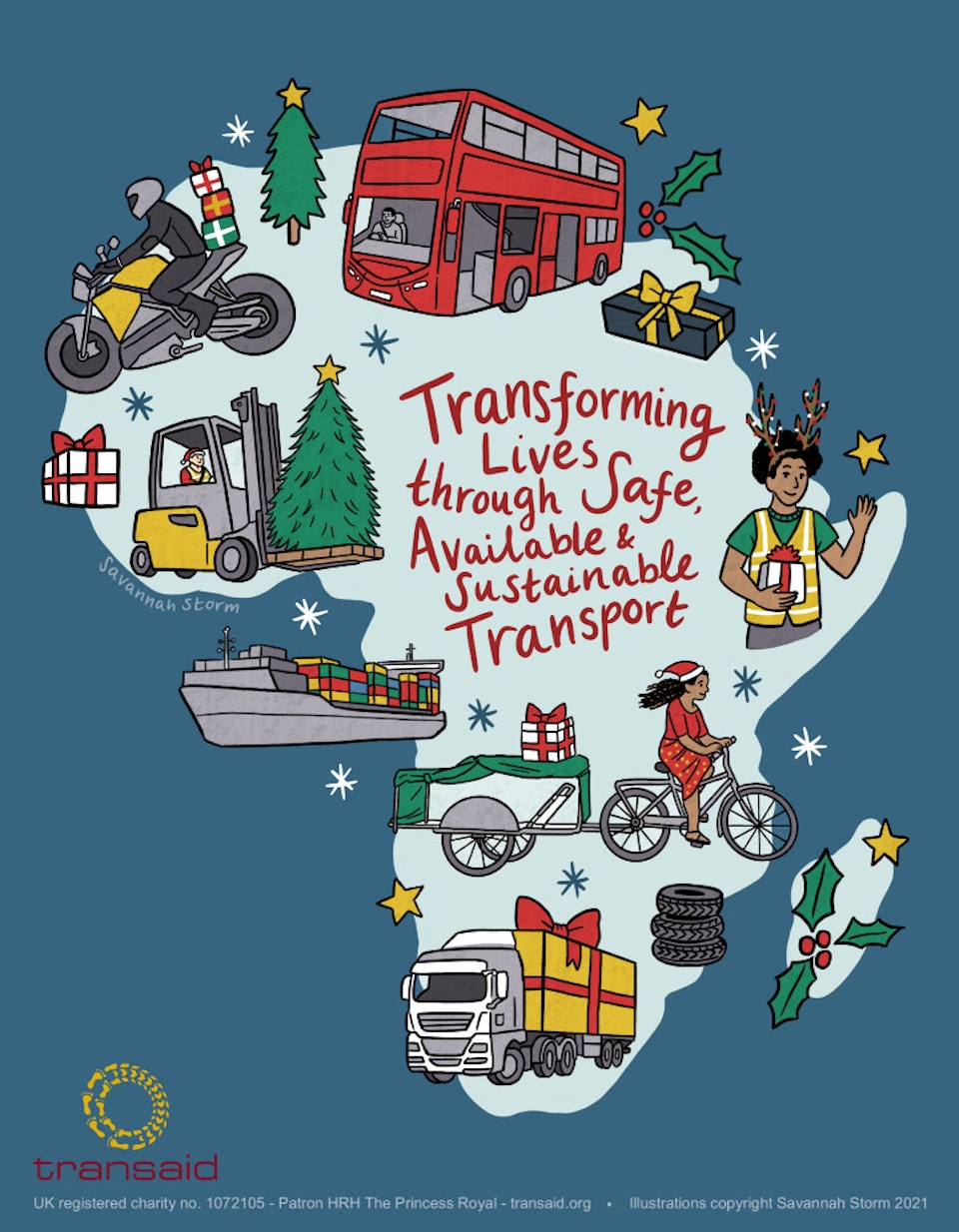 Transaid Charity Christmas Card - Illustrated map of Africa, showing different modes of transport for a charity Christmas card.