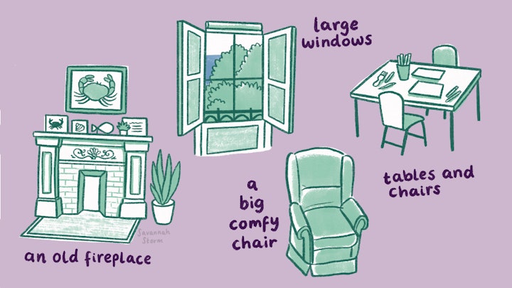 A Space to Be - Illustrations of the interiors and facilities in the project space, including the old fireplace, a big comfy chair, large windows, and tables & chairs for activities.