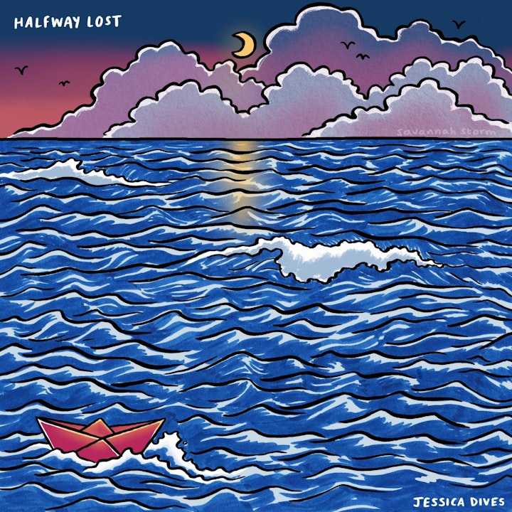 Halfway Lost - Album Cover - Illustrated album cover for Halfway Lost by Jessica Dives, featuring an origami boat on the ocean, with the moon in a cloudy sunset sky.