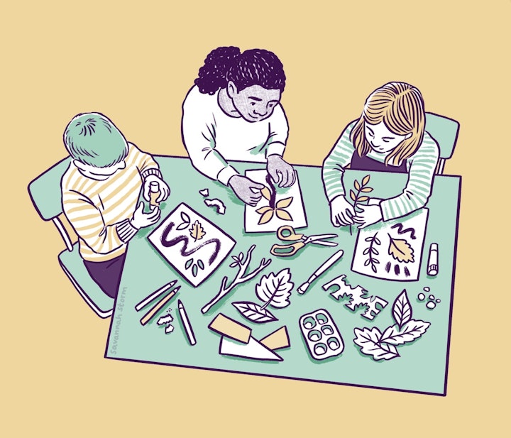 A Space to Be - Illustration of a group of children doing crafts at a table with natural materials such as leaves and twigs, engaging with the community space at A Space to Be.