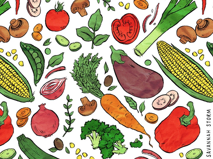 Veggie Recipes Zine - Illustrated vegetables themed repeat pattern print design.