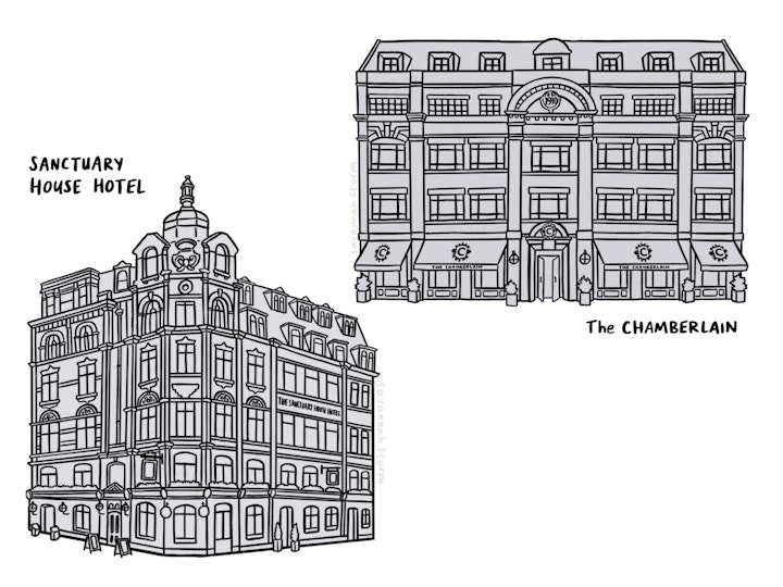 Line drawing illustrations of two London pubs, The Sanctuary House Hotel and The Chamberlain.