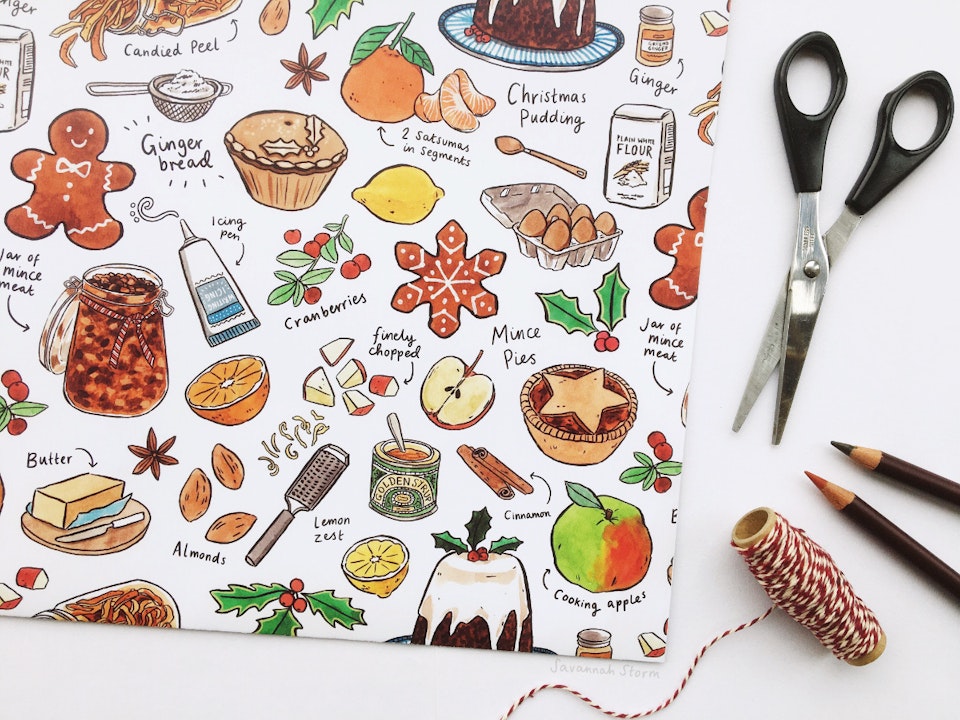 Festive Baking - Illustrated festive baking themed repeat pattern printed wrapping paper, including mince pies, Christmas pudding and gingerbread.