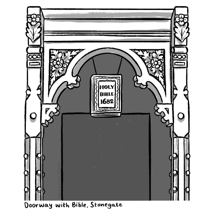 Jane Ewbank York Trail - Illustration of a doorway with a Bible sign, an example of Georgian architecture in York.