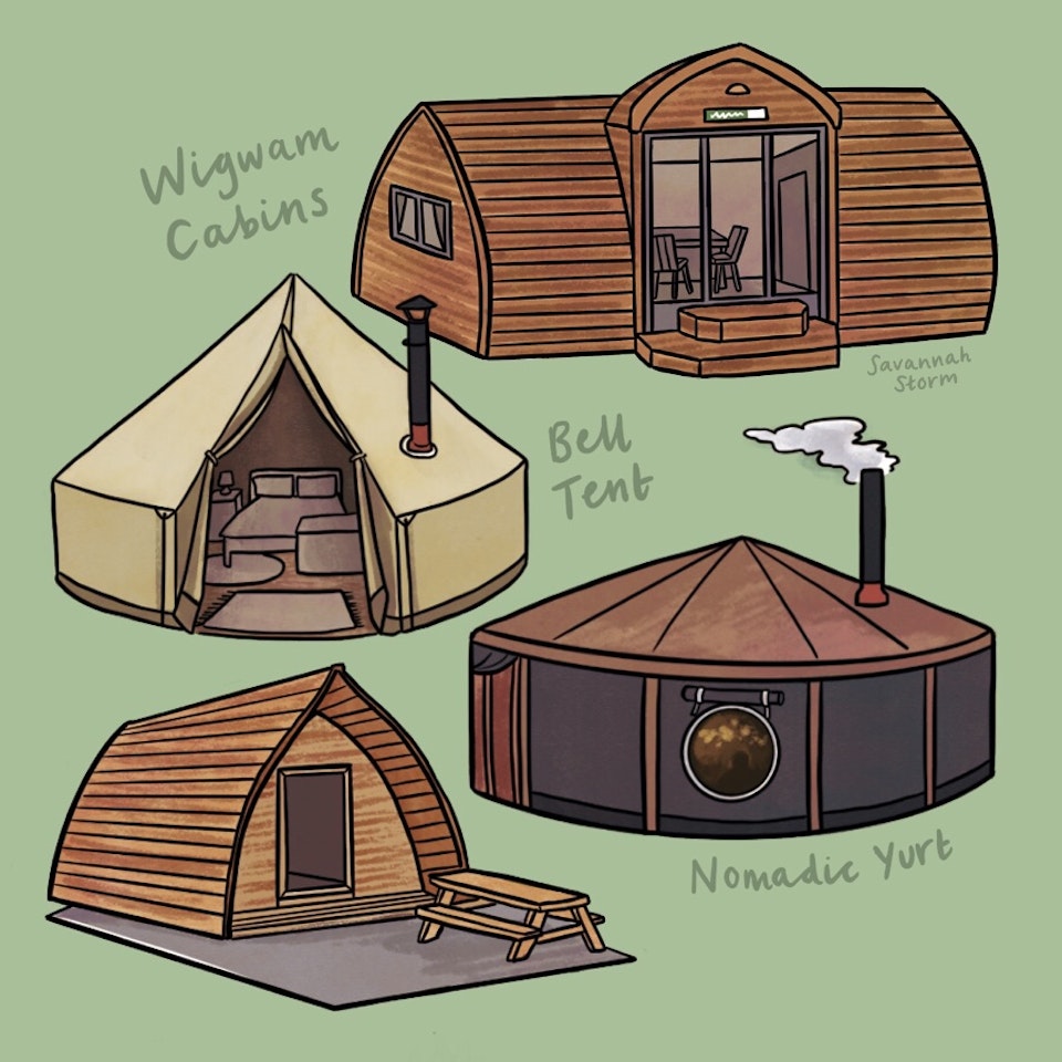 Humble Bee Farm - Illustrations of glamping accommodation types such as a bell tent, wigwam cabin and nomadic yurt, on a light green background.
