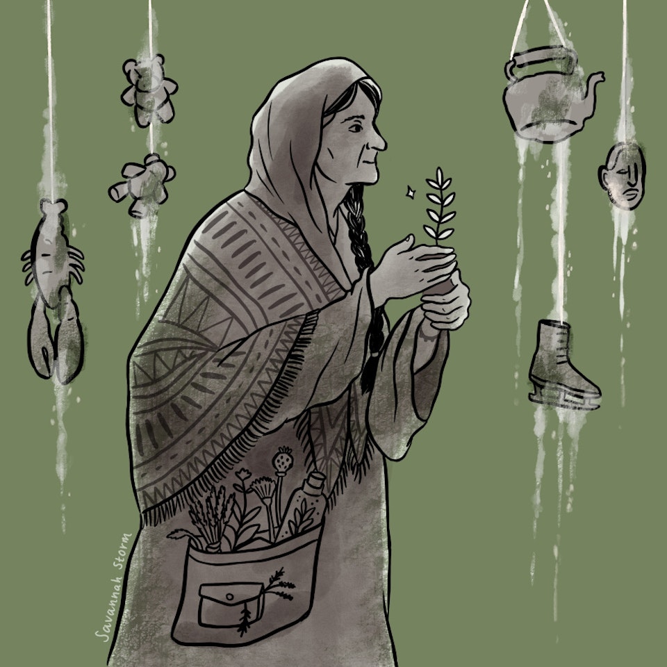 Yorkshire Folktales - Illustration of a witch-like character of Mother Shipton, with petrified objects hanging around her on a green background.