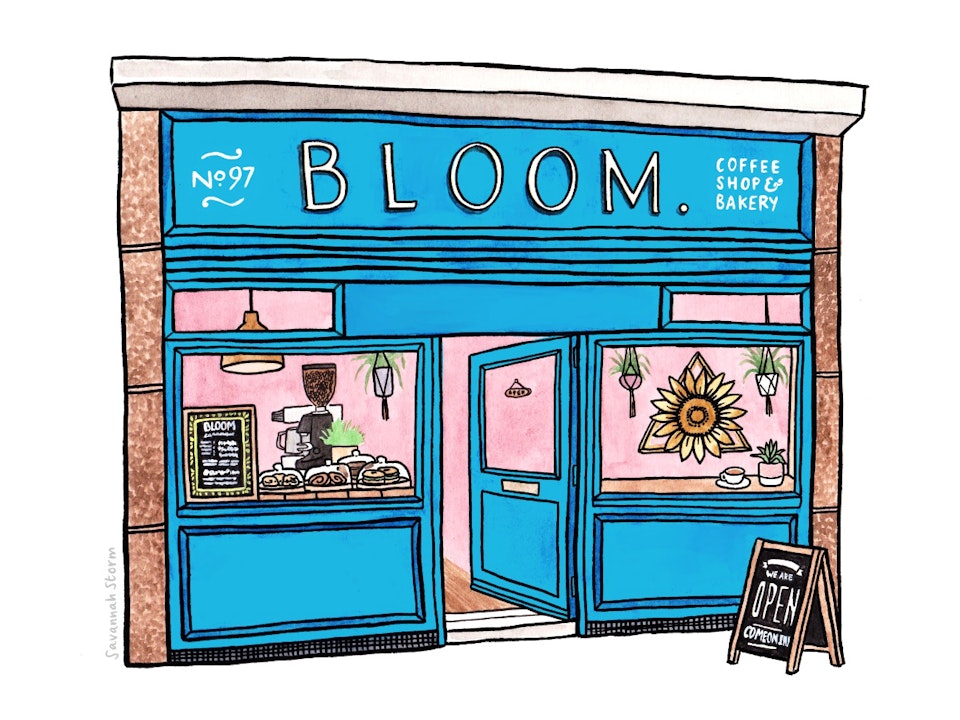 Shop Fronts - Illustration of a blue shopfront of a café called Bloom, with large windows and a chalkboard outside.