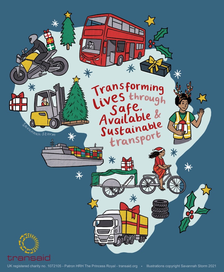 Transaid Charity Christmas Cards - Illustrated map of Africa, showing different modes of transport for a charity Christmas card.