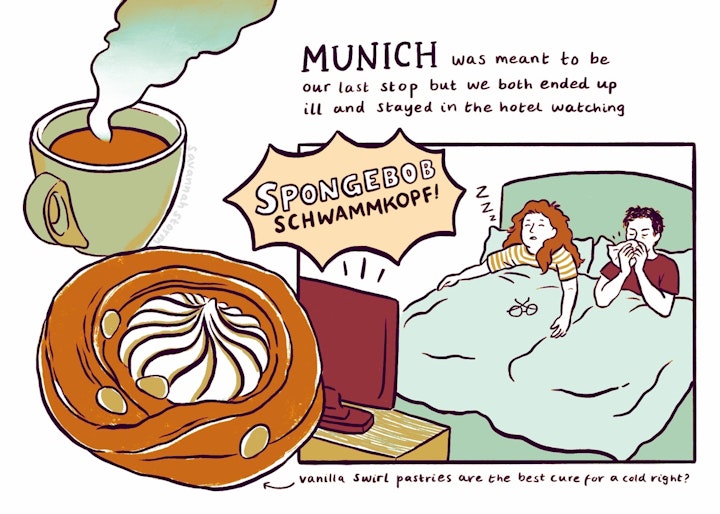 Travel Journal - A page from an illustrated travel journal, showing a couple of people in bed ill with colds, watching 'Spongebob Schwammkopf' on the TV. A hot cup of coffee and a vanilla swirl pastry are next to them on the page.