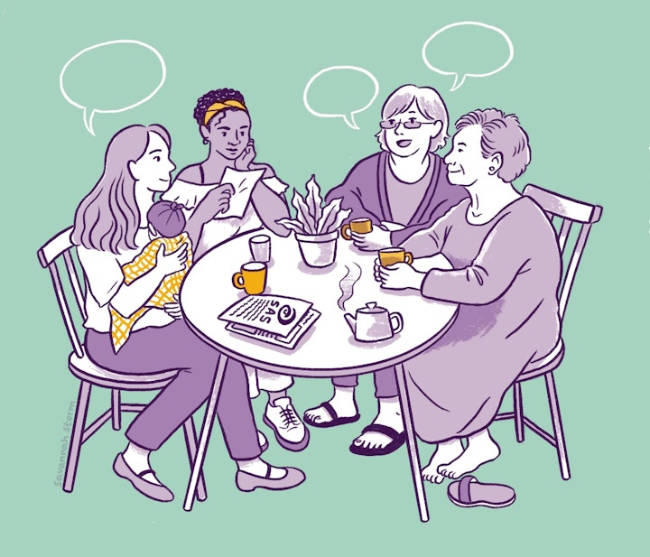A Space to Be - Illustration of a community group having a meeting and a cup of tea.