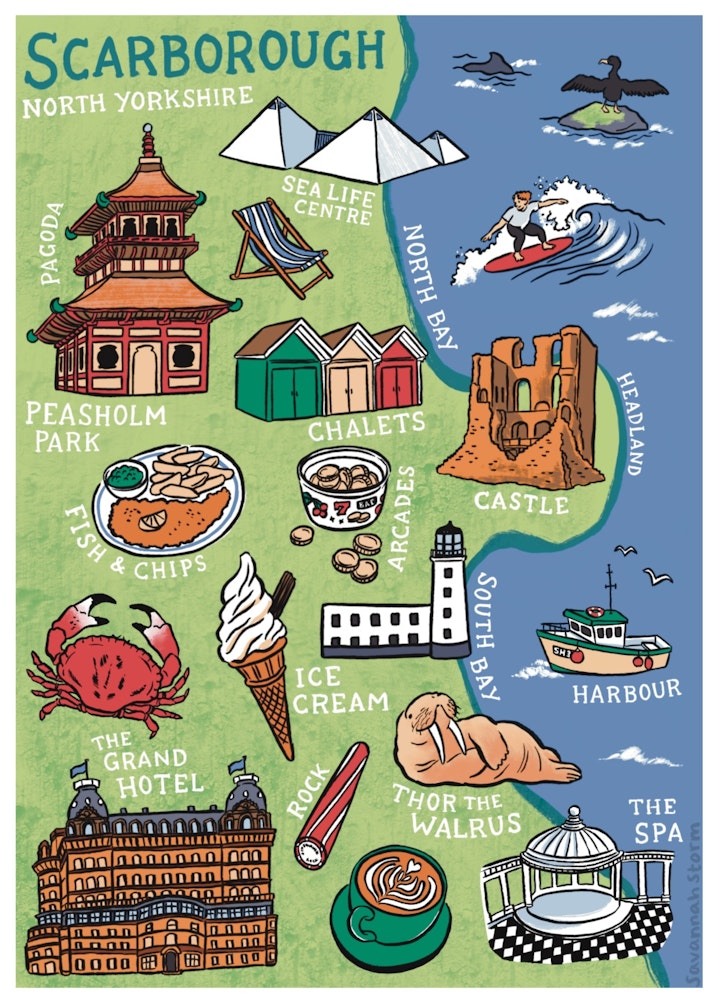 Scarborough Map - Illustrated map of Scarborough, North Yorkshire, showing famous landmarks such as the Grand Hotel, the Spa, Peasholm Park pagoda, and Scarborough Castle, as well as other seaside tourist attractions such as ice cream, fish & chips, arcades and rainbow chalets.