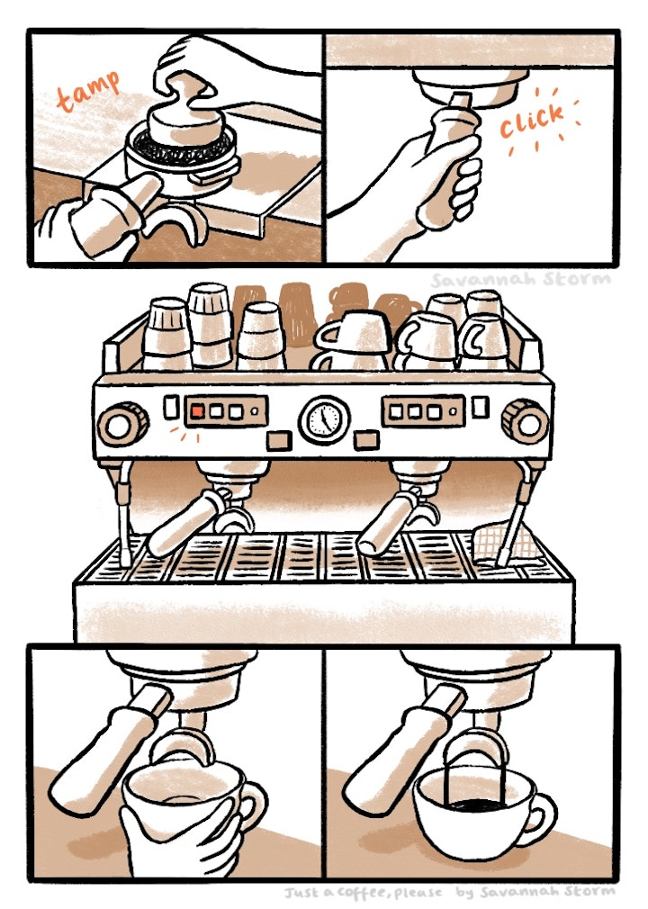 Just a Coffee, please - An illustrated infographic showing how an espresso machine works, once the ground coffee is tamped into the portafilter and clicked into the machine.