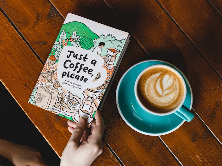 Just a Coffee, please - ‘Just a Coffee, please’ is a risograph printed, non-fiction graphic novel, illustrating the journey that coffee takes to get to your cup. From growing, to roasting and brewing; this comic explores the hard work involved in producing coffee.
