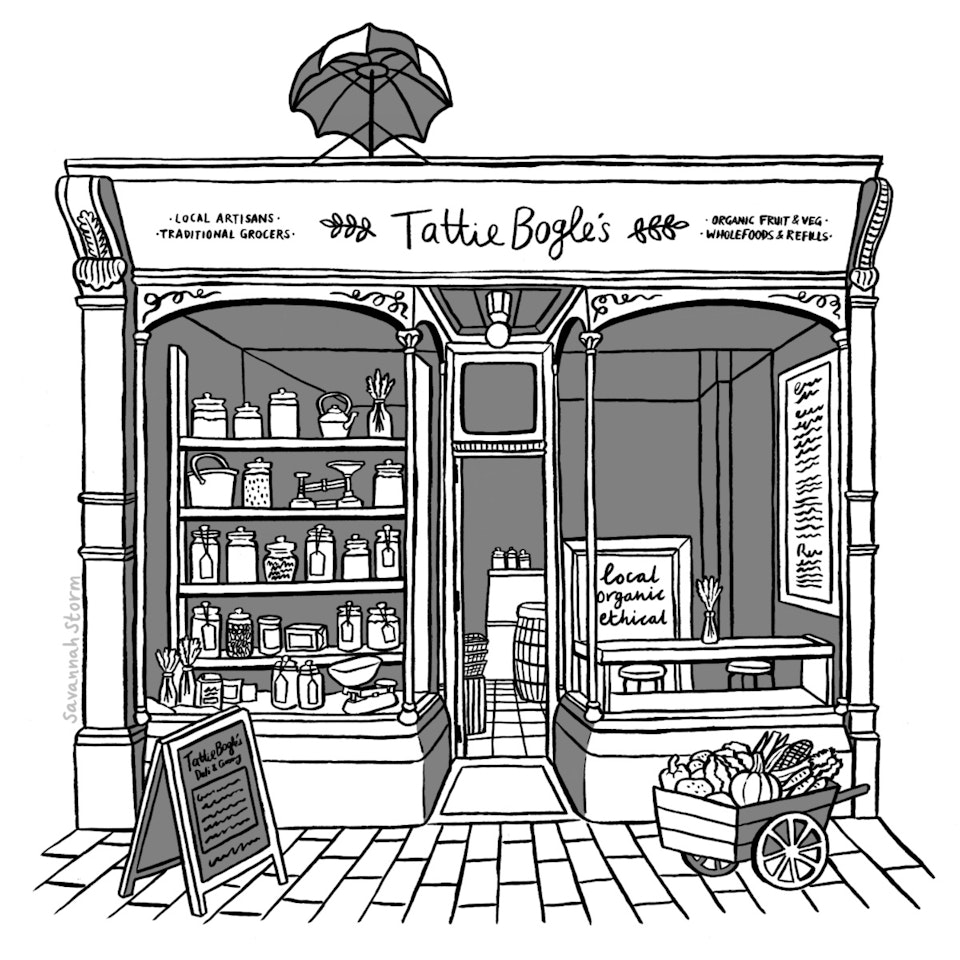 Shop Fronts - Illustration of an old white shopfront, with large windows, a chalkboard and a barrow of vegetables outside.