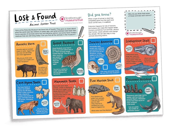 Lost and Found Museum Trail - Museum fossil trail worksheet with illustrations of animals, interesting facts and tick boxes for exploring the exhibits.