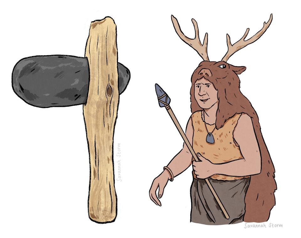 Star Carr - Re-creation illustrations of a flint hand axe, and a Stone Age man wearing a long brown headdress/cape made from animal skin with antlers.