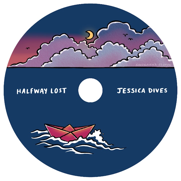 Halfway Lost - Album Cover - Illustrated CD cover for Halfway Lost by Jessica Dives, featuring an origami boat on the ocean, with the moon in a cloudy sunset sky.