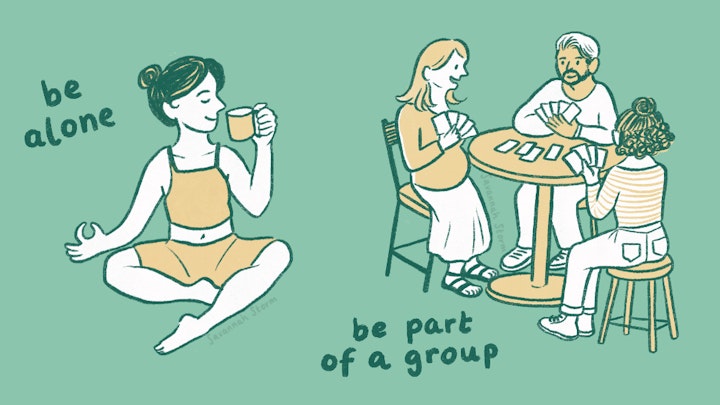 A Space to Be - Illustrations of people engaging with the project space at A Space to Be, a young lady doing yoga with a cup of tea along, and a group of people playing a card game.