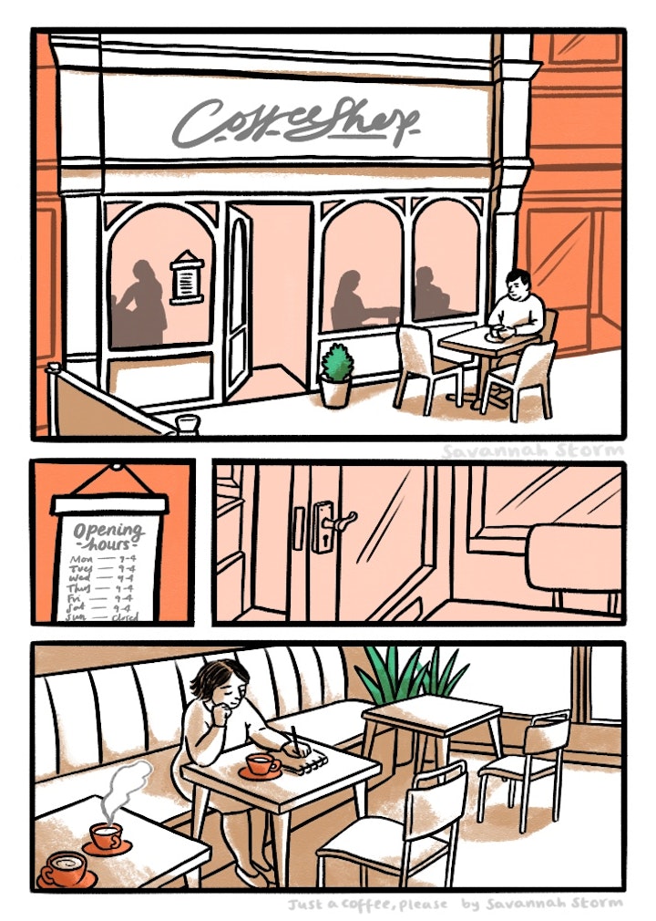 Just a Coffee, please - A comic page showing a cafe exterior and interior, with customers inside drinking coffee.