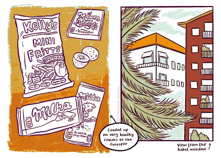 Travel Journal - A page from an illustrated travel journal, showing a selection of snacks from the Eurospar, and the view from a hotel window.