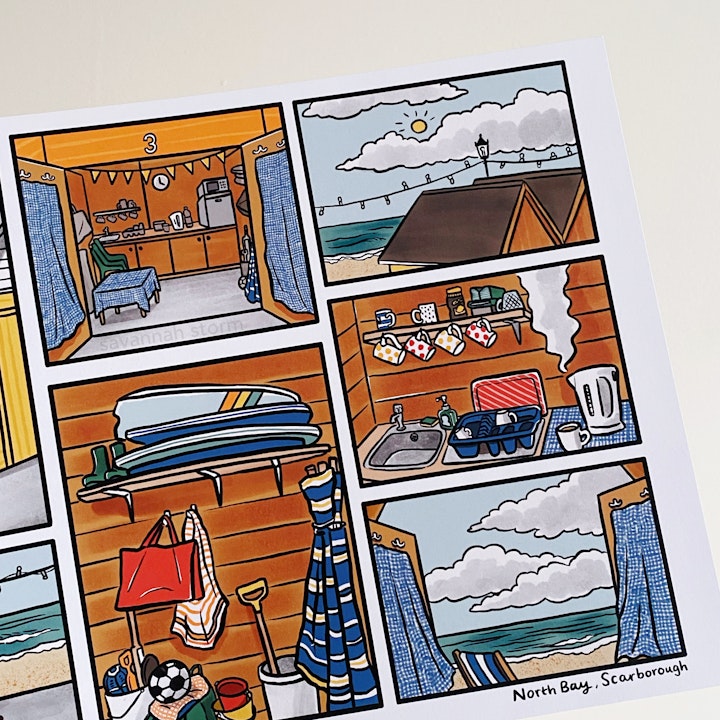 Beach Chalet Comic - Mini comic celebrating memories of a seaside beach chalet, including views of the sea and sky, and the wooden interior, filled with deckchairs, windbreaks, bodyboards, buckets and spades and other beach toys.