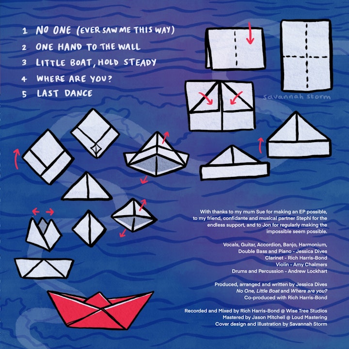 Halfway Lost - Album Cover - Illustrated back cover for Halfway Lost by Jessica Dives, featuring an origami boat and step by step folding instructions on how to make it.