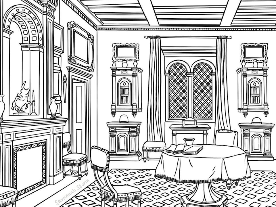 Beckford's Tower Colouring Book - Beckford's Tower - Crimson Drawing Room. A line drawing illustration of an ornately decorated room interior.