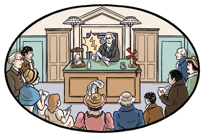 Jane Ewbank York Trail - Illustration of Jane Ewbank and her niece Elizabeth attending a science lecture in York in the Georgian era.