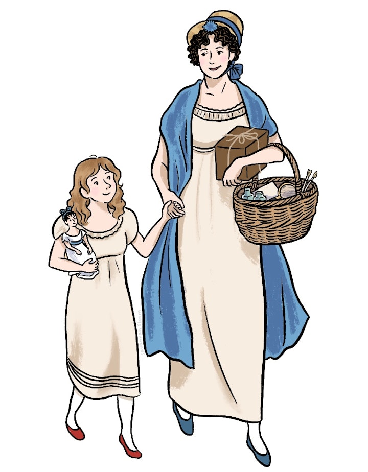 Jane Ewbank York Trail - Illustration of Jane Ewbank and her niece Elizabeth walking around York shopping together in the Georgian era.